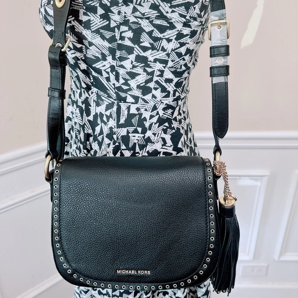 Michael Kors Brooklyn Medium Saddle Bag Leather Black/NWT - Picture 14 of 15